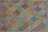 Flat Weave Kilim, Antique, Navaho, Vintage, Handmade, Modern Kilim Green Orange Hand-Woven Rectangle 100% Wool Area Rug 7 x 10