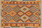 Flat Weave Kilim, Antique, Navaho, Vintage, Handmade, Geometric Kilim Rust Beige Hand-Woven Rectangle 100% Wool Area Rug 5 x 6