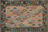 Flat Weave Kilim, Antique, Navaho, Vintage, Handmade, Geometric Kilim Rust Green Hand-Woven Rectangle 100% Wool Area Rug 8 x 10