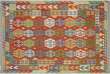 Flat Weave Kilim, Antique, Navaho, Vintage, Handmade, Geometric Kilim Rust Blue Hand-Woven Rectangle 100% Wool Area Rug 7 x 10