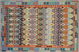 Flat Weave Kilim, Antique, Navaho, Vintage, Handmade, Geometric Kilim Rust Blue Hand-Woven Rectangle 100% Wool Area Rug 8 x 11