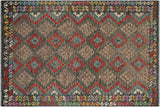 Flat Weave Kilim, Antique, Navaho, Vintage, Handmade, Geometric Kilim Charcoal Green Hand-Woven Rectangle 100% Wool Area Rug 7 x 10