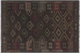 Flat Weave Kilim, Antique, Navaho, Vintage, Handmade, Geometric Kilim Charcoal Brown Hand-Woven Rectangle 100% Wool Area Rug 6 x 8