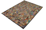 Flat Weave Kilim, Antique, Navaho, Vintage, Handmade, Geometric Kilim Rust Brown Hand-Woven Rectangle 100% Wool Area Rug 10 x 13
