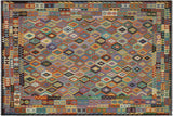 Flat Weave Kilim, Antique, Navaho, Vintage, Handmade, Geometric Kilim Rust Brown Hand-Woven Rectangle 100% Wool Area Rug 10 x 13