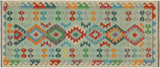 Flat Weave Kilim, Antique, Navaho, Vintage, Handmade, Geometric Kilim Blue Beige Hand-Woven Runner 100% Wool Area Rug 3 x 7