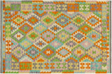 Flat Weave Kilim, Antique, Navaho, Vintage, Handmade, Geometric Kilim Orange Blue Hand-Woven Rectangle 100% Wool Area Rug 4 x 6