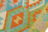 Flat Weave Kilim, Antique, Navaho, Vintage, Handmade, Geometric Kilim Blue Gold Hand-Woven Rectangle 100% Wool Area Rug 4 x 6