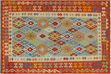 Flat Weave Kilim, Antique, Navaho, Vintage, Handmade, Geometric Kilim Blue Rust Hand-Woven Rectangle 100% Wool Area Rug 6 x 8
