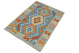 Flat Weave Kilim, Antique, Navaho, Vintage, Handmade, Geometric Kilim Blue Rust Hand-Woven Rectangle 100% Wool Area Rug 3 x 4