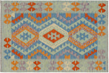Flat Weave Kilim, Antique, Navaho, Vintage, Handmade, Geometric Kilim Blue Rust Hand-Woven Rectangle 100% Wool Area Rug 3 x 4
