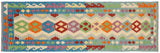 Flat Weave Kilim, Antique, Navaho, Vintage, Handmade, Geometric Kilim Beige Blue Hand-Woven Runner 100% Wool Area Rug 3 x 9