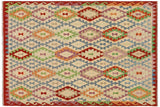 Flat Weave Kilim, Antique, Navaho, Vintage, Handmade, Geometric Kilim Beige Rust Hand-Woven Rectangle 100% Wool Area Rug 6 x 7