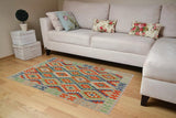 Flat Weave Kilim, Antique, Navaho, Vintage, Handmade, Geometric Kilim Blue Rust Hand-Woven Rectangle 100% Wool Area Rug 4 x 6