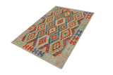 Flat Weave Kilim, Antique, Navaho, Vintage, Handmade, Geometric Kilim Blue Rust Hand-Woven Rectangle 100% Wool Area Rug 4 x 6