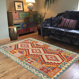 Flat Weave Kilim, Antique, Navaho, Vintage, Handmade, Geometric Kilim Rust Blue Hand-Woven Rectangle 100% Wool Area Rug 4 x 6