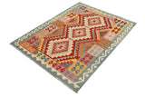 Flat Weave Kilim, Antique, Navaho, Vintage, Handmade, Geometric Kilim Rust Blue Hand-Woven Rectangle 100% Wool Area Rug 4 x 6