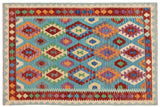 Flat Weave Kilim, Antique, Navaho, Vintage, Handmade, Geometric Kilim Blue Rust Hand-Woven Rectangle 100% Wool Area Rug 5 x 7