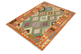 Flat Weave Kilim, Antique, Navaho, Vintage, Handmade, Geometric Kilim Blue Orange Hand-Woven Rectangle 100% Wool Area Rug 4 x 6