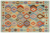 Flat Weave Kilim, Antique, Navaho, Vintage, Handmade, Geometric Kilim Blue Rust Hand-Woven Rectangle 100% Wool Area Rug 5 x 6