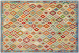 Flat Weave Kilim, Antique, Navaho, Vintage, Handmade, Geometric Kilim Rust Blue Hand-Woven Rectangle 100% Wool Area Rug 10 x 13