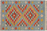 Flat Weave Kilim, Antique, Navaho, Vintage, Handmade, Geometric Kilim Blue Rust Hand-Woven Rectangle 100% Wool Area Rug 2 x 3