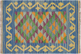 Flat Weave Kilim, Antique, Navaho, Vintage, Handmade, Geometric Kilim Blue Gold Hand-Woven Rectangle 100% Wool Area Rug 2 x 3